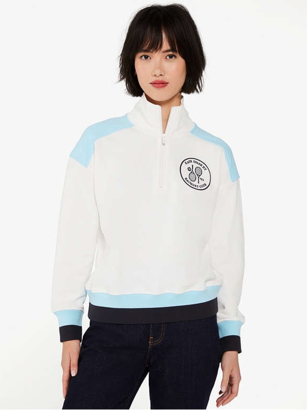 kate spade White and Light Blue Quarter-Zip Pullover